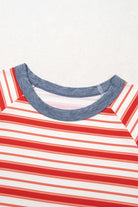 Tomato red striped Americana Mood Top with contrasting blue collar and raglan sleeves.