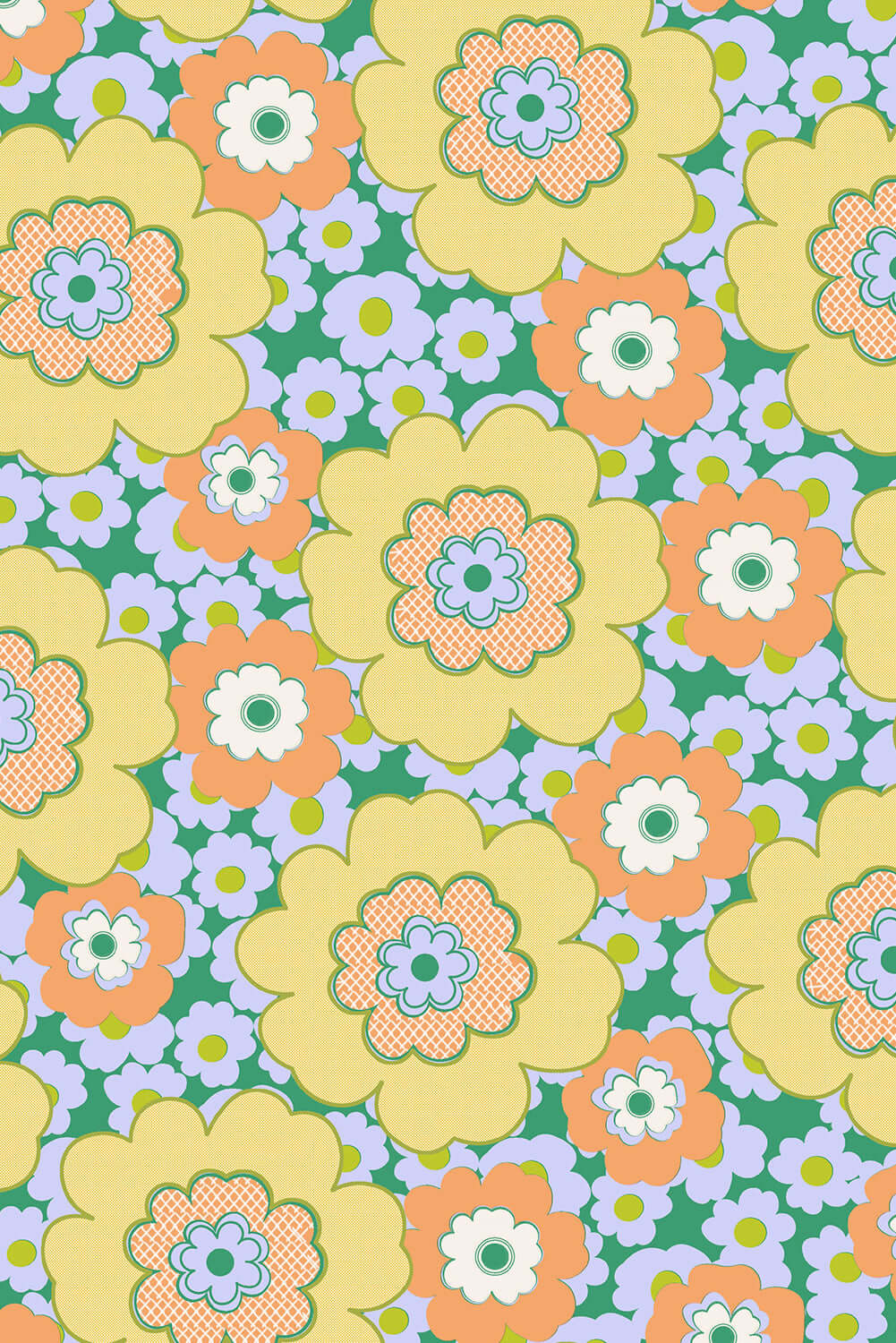 Vibrant yellow and pastel floral pattern featuring large daisies and smaller flowers on a green background.