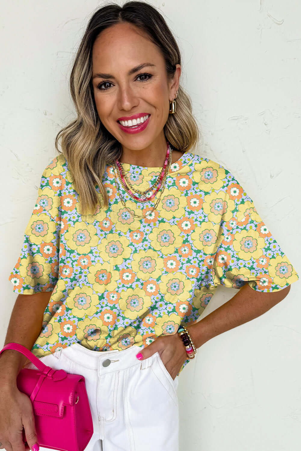 Daisy Disco Top featuring vibrant yellow floral print, perfect for summer casual outfits and laid-back vibes.