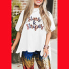 White sequin Stars and Stripes T-shirt with drop-shoulder design, perfect for summer celebrations.