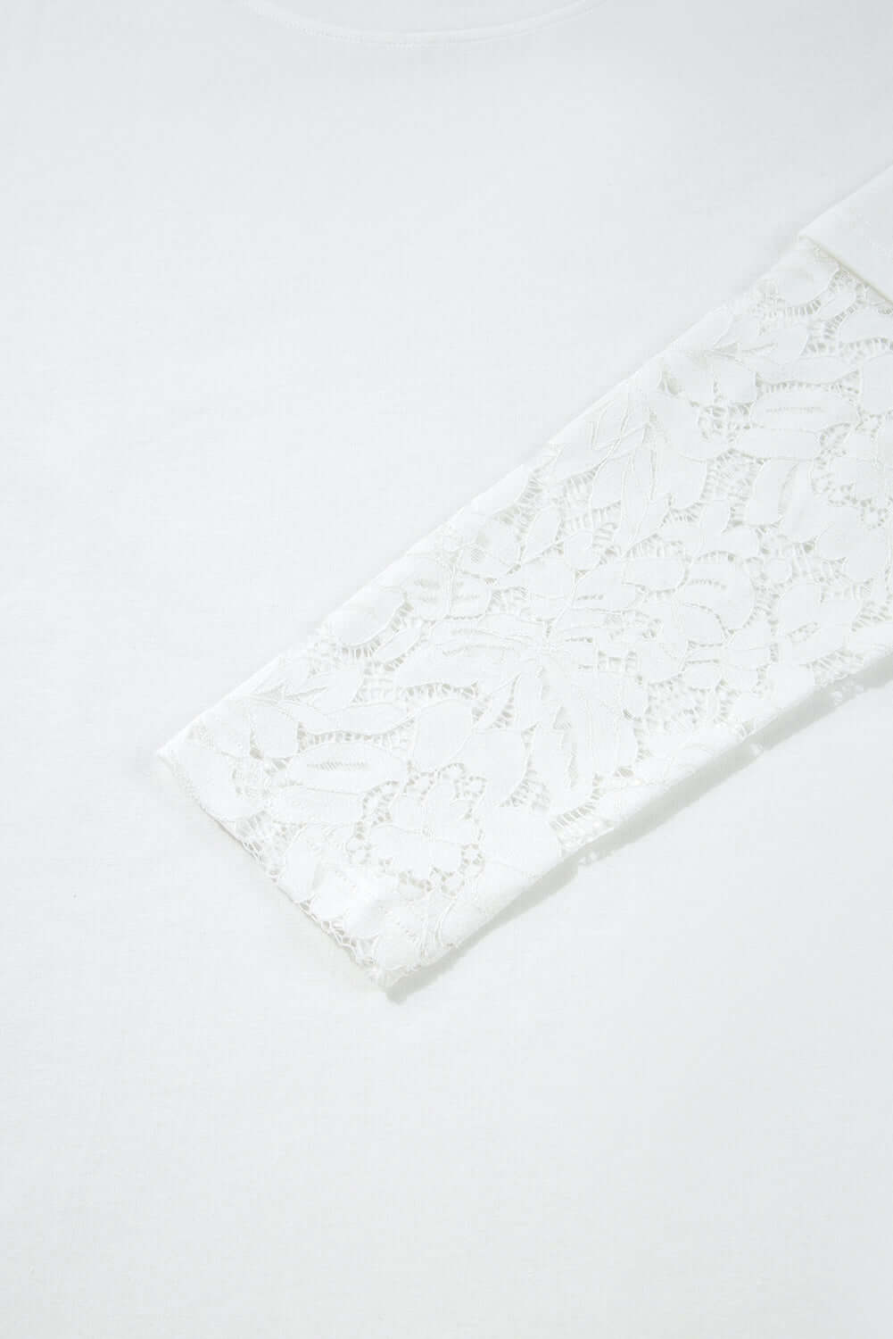 Close-up of Laced Logic Top featuring white lace long sleeve insert on a minimalist tee.