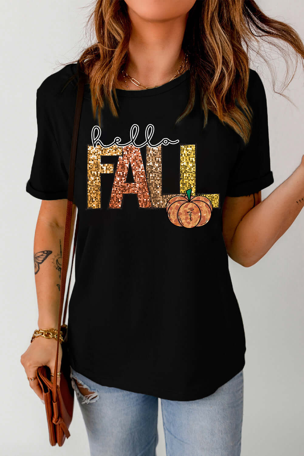 HELLO FALL TEE in black with glitter lettering and pumpkin graphic, perfect for autumn wear.