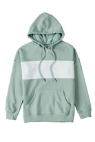 Vivian-Lu chic fleece-lined hoodie with contrast wide band, pullover design, kangaroo pocket, in pastel green.