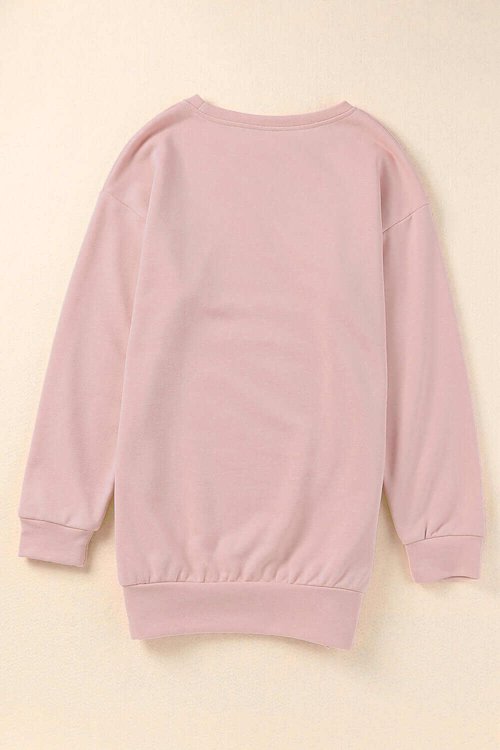 Back view of BASHFUL BEAUTY cozy pink sweatshirt with long sleeves and loose fit, perfect for casual wear.