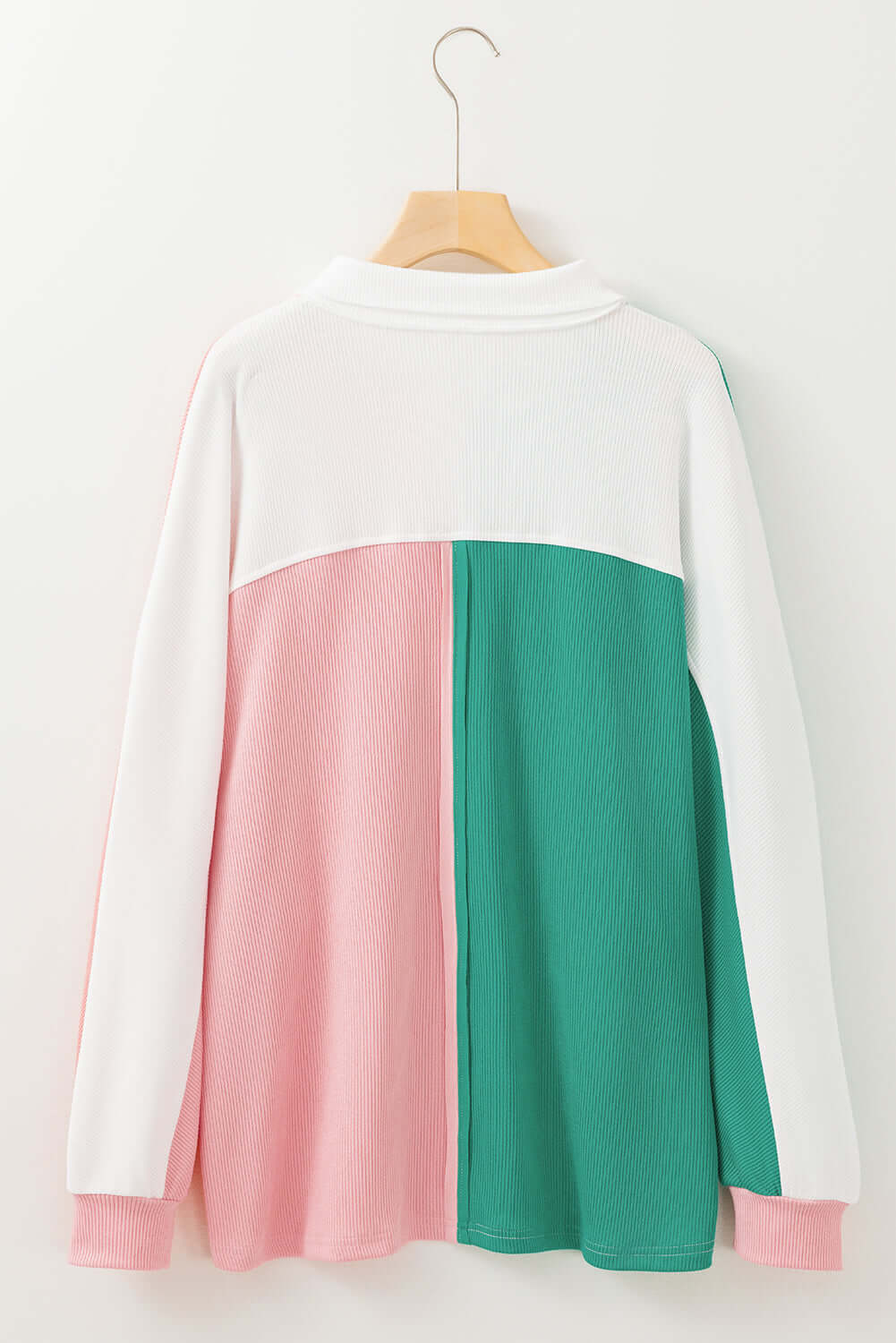 Bold Boundaries top with buttoned neckline, pink and green color block design, oversized fit, back view, by Vivian-Lu.