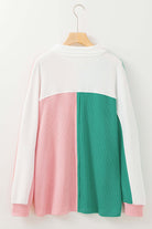 Bold Boundaries top with buttoned neckline, pink and green color block design, oversized fit, back view, by Vivian-Lu.