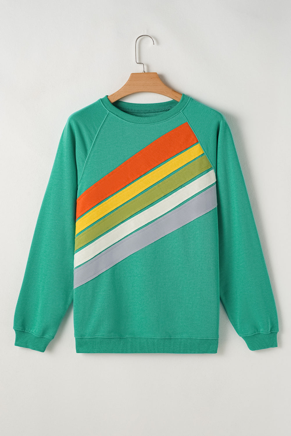 Aqua crewneck pullover with rainbow color-block and stripes, perfect for casual wear.