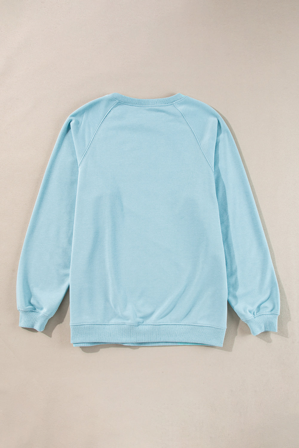 Sky blue crew neck pullover with rainbow color-block and stripes, shown from the back on a neutral background.