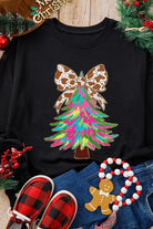 Festive sweatshirt with colorful Christmas tree and animal-print bow, perfect for holiday celebrations.