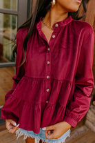 Burgundy State of Grace top by Vivian-Lu with ruffle tiers, button-up style, and O neck collar for a chic look.