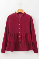 Burgundy ruffle tiered State of Grace top by Vivian-Lu with button-up front and O neck collar.