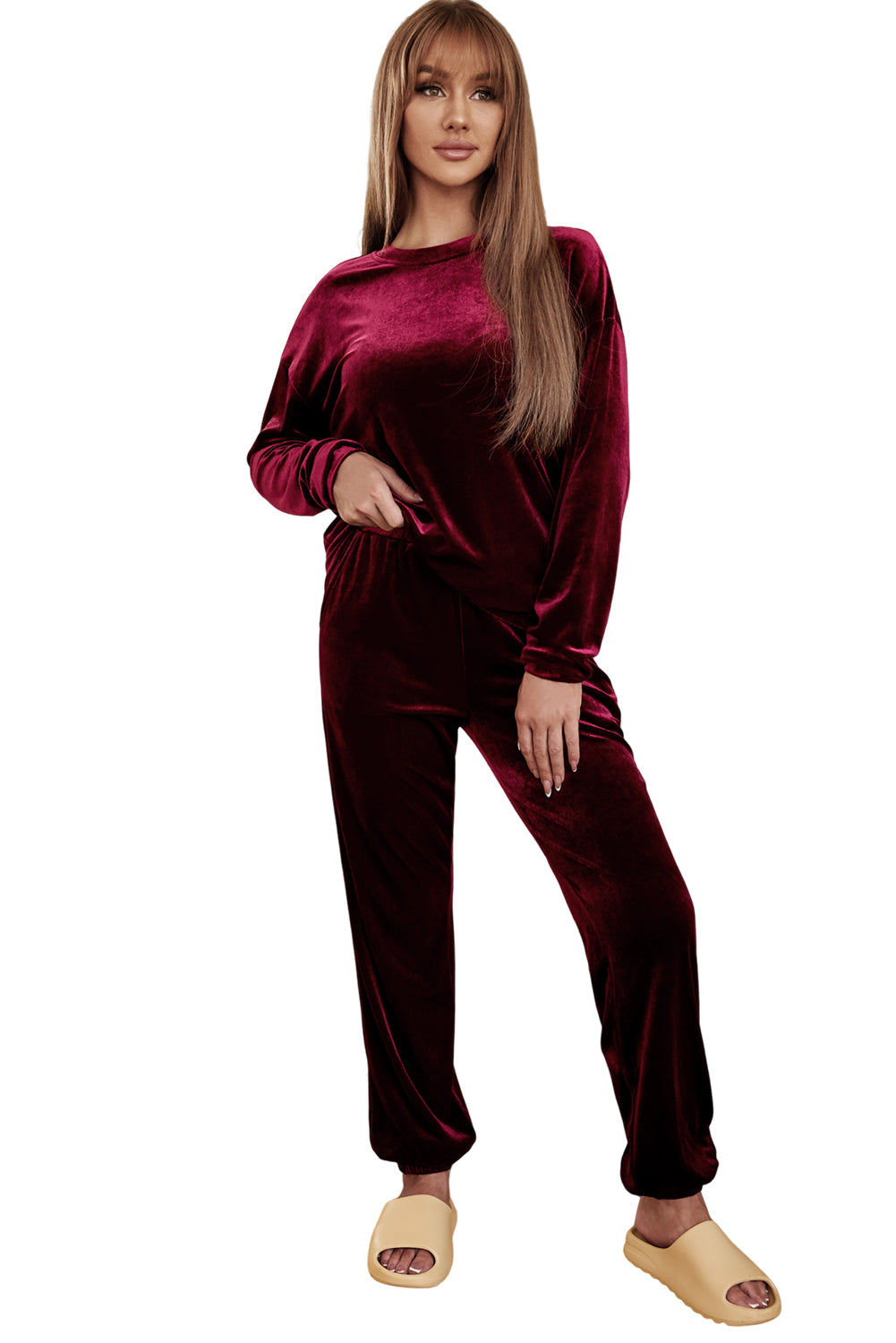 Burgundy velvet wine two-piece set with long sleeves and drawstring pants for stylish comfort.