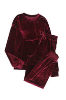 Velvet Wine two-piece set in burgundy with long sleeve top and drawstring pants, showcasing luxurious comfort and trendy style.