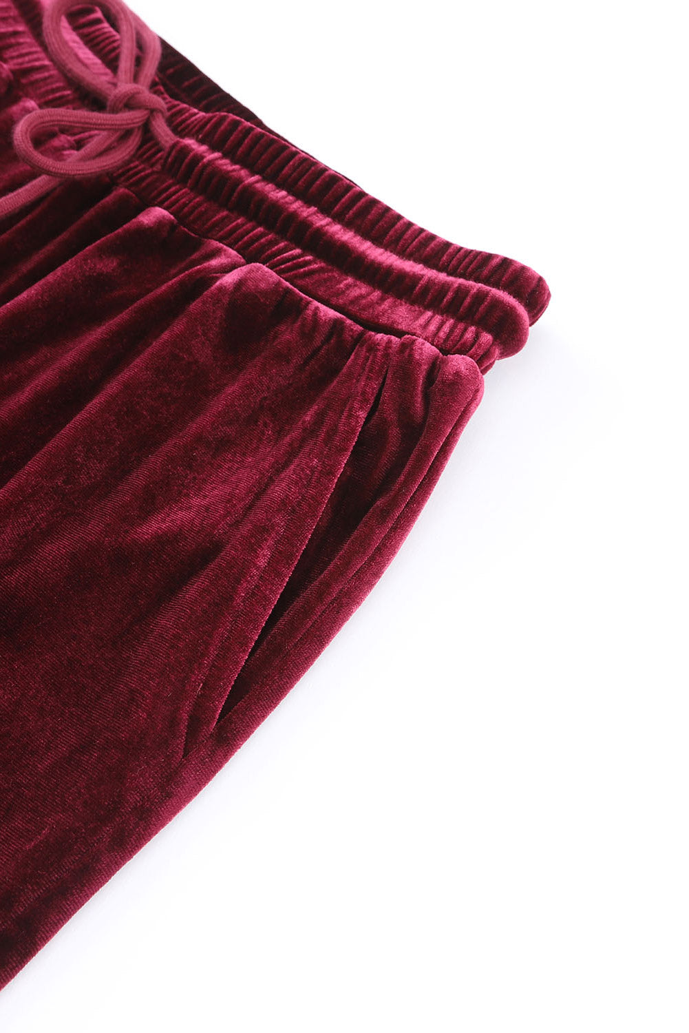 Burgundy velvet drawstring pants from the Velvet Wine set offering ultimate comfort and style.