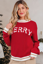 MERRY MOMENTS SWEATER in fiery red with MERRY graphic and drop shoulder design, perfect for holiday celebrations.