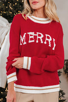 MERRY MOMENTS SWEATER in fiery red with white color block trim and drop shoulder style, perfect for holiday celebrations.