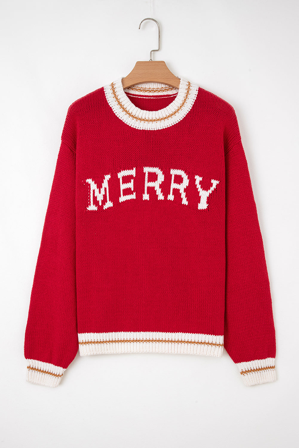 MERRY MOMENTS SWEATER in fiery red with color block trim, featuring bold 'MERRY' graphic on cozy drop shoulder design.