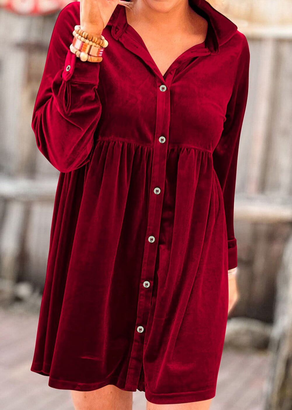 Vibrant velvet red berry dress by Vivian-Lu with crinkled fabric, collared neck, front buttons, chest pockets, and relaxed fit.