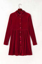 Vibrant red berry velvet dress by Vivian-Lu with crinkled texture, collared neck, front buttons, and chest pockets hung on hanger.