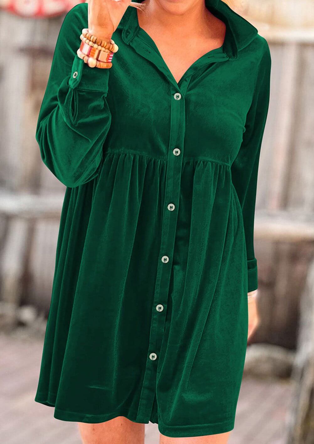 Vivian-Lu Vivid Velvet Dress in Evergreen with crinkled texture, collared neck, front buttons, and chest pockets for a stylish look