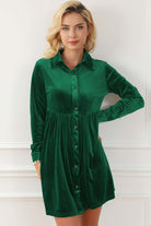 Vibrant velvet dress in evergreen by Vivian-Lu, featuring crinkled fabric, collared neck, front buttons, and chest pockets.