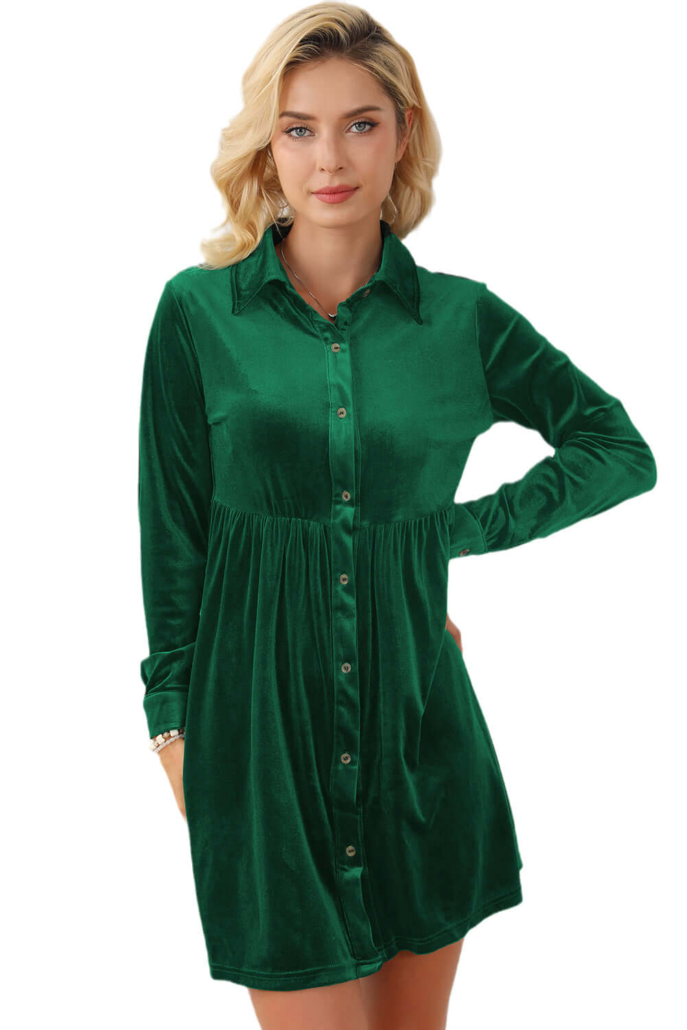 Vibrant Velvet Dress by Vivian-Lu in evergreen, featuring crinkled fabric, collared neck, and front buttons for a stylish, relaxed fit.