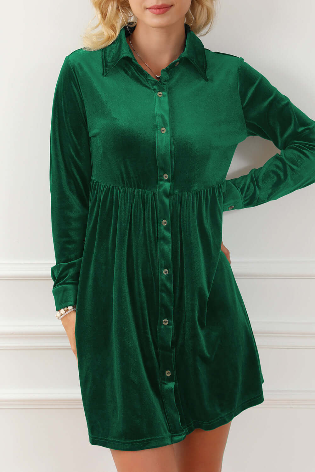 Woman wearing VIVID VELVET evergreen dress by Vivian-Lu with collared neck, front buttons, and chest pockets.