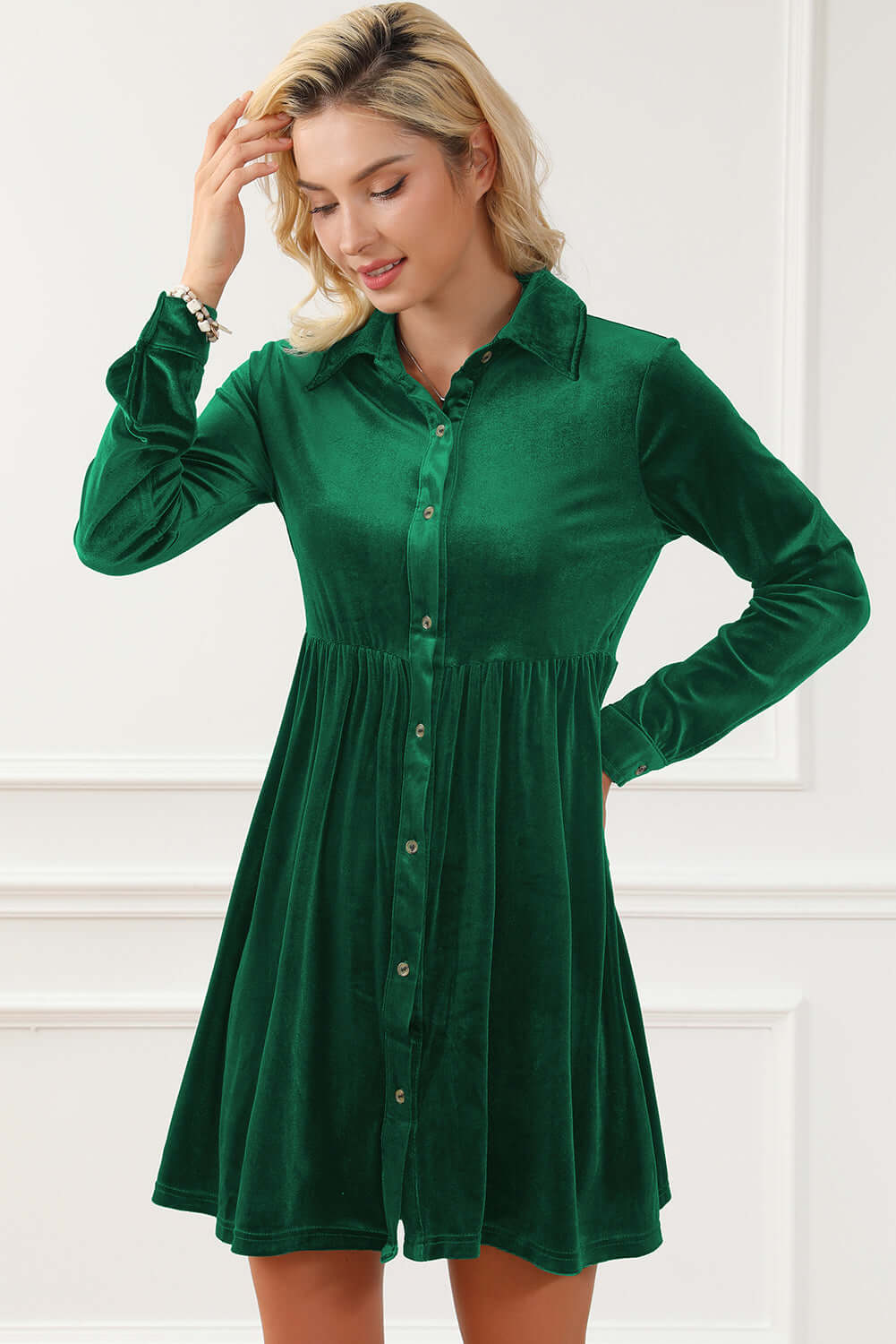 Vibrant velvet evergreen dress by Vivian-Lu with crinkled texture, collared neck, buttons, and chest pockets for style and comfort.