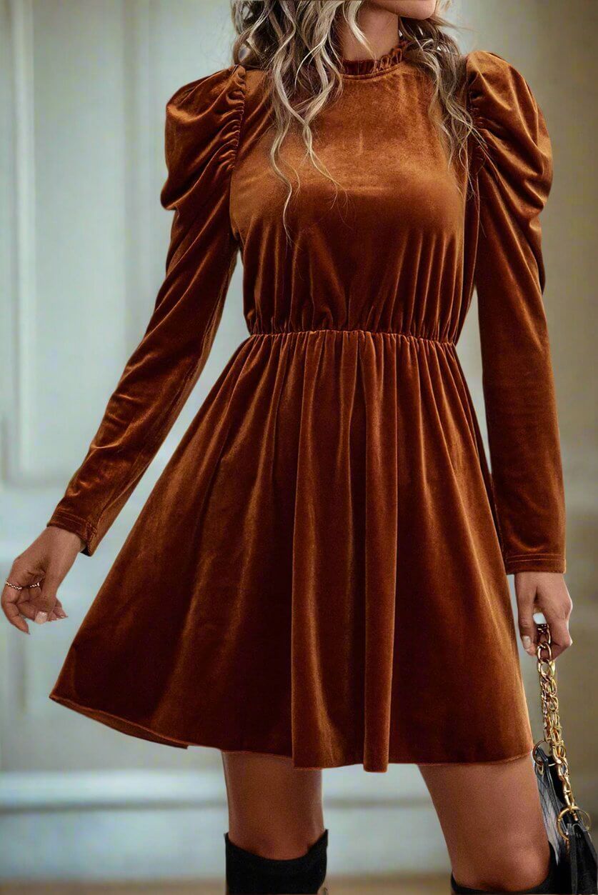 Chestnut Cheer Dress by Vivian-Lu in brown velvet with gigot sleeves and gathered waist, offering elegance and comfort.