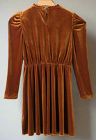 Elegant chestnut brown velvet dress with long gigot sleeves and gathered waist by Vivian-Lu, sophisticated and comfortable fashion.