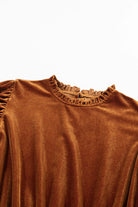 Chestnut brown velvet dress with ruched neckline and gigot sleeves from Vivian-Lu's CHESTNUT CHEER collection.