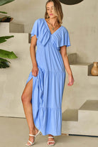 Serene sky blue Dreamfield Days Maxi Dress with flutter sleeves and a V-neckline, perfect for summer outings.