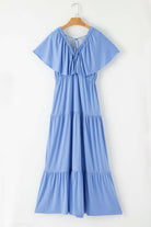 Sky blue Dreamfield Days maxi dress with flutter sleeves and V-neck, perfect for summer outings.