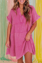 Model wearing Sweetwater Serenade Strawberry Pink Mineral Wash Dress with a tiered silhouette and split neckline.