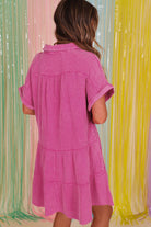 Back view of Sweetwater Serenade Strawberry Pink Mineral Wash Dress with tiered silhouette and rolled sleeves.