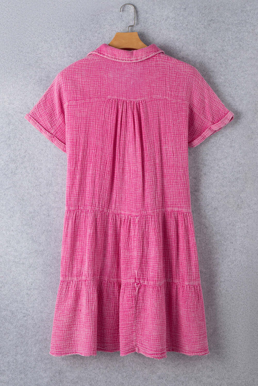 Sweetwater Serenade strawberry pink mineral wash dress with tiered silhouette and raw edge hem.