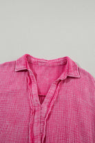 Sweetwater Serenade Strawberry Pink dress close-up showing collar and texture for warm-weather style.