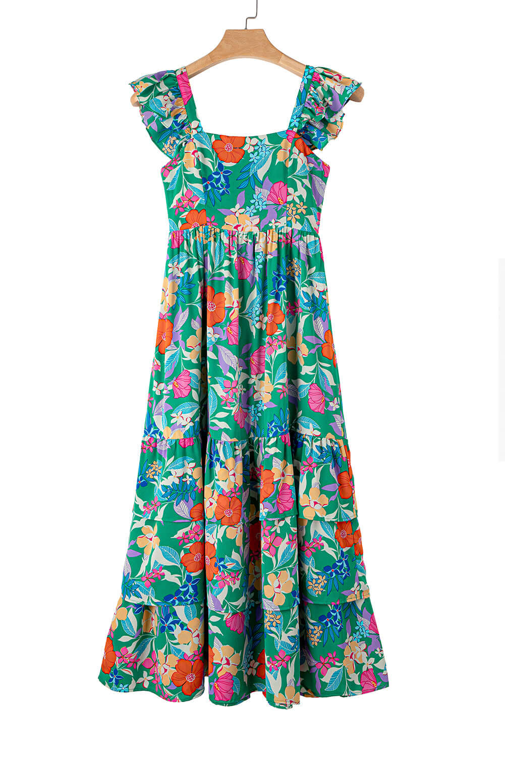 Colorful floral print maxi dress with ruffled straps, perfect for summer twirls and sunny days.
