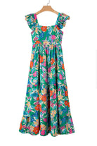 Colorful floral print maxi dress with ruffled straps, perfect for summer twirls and sunny days.