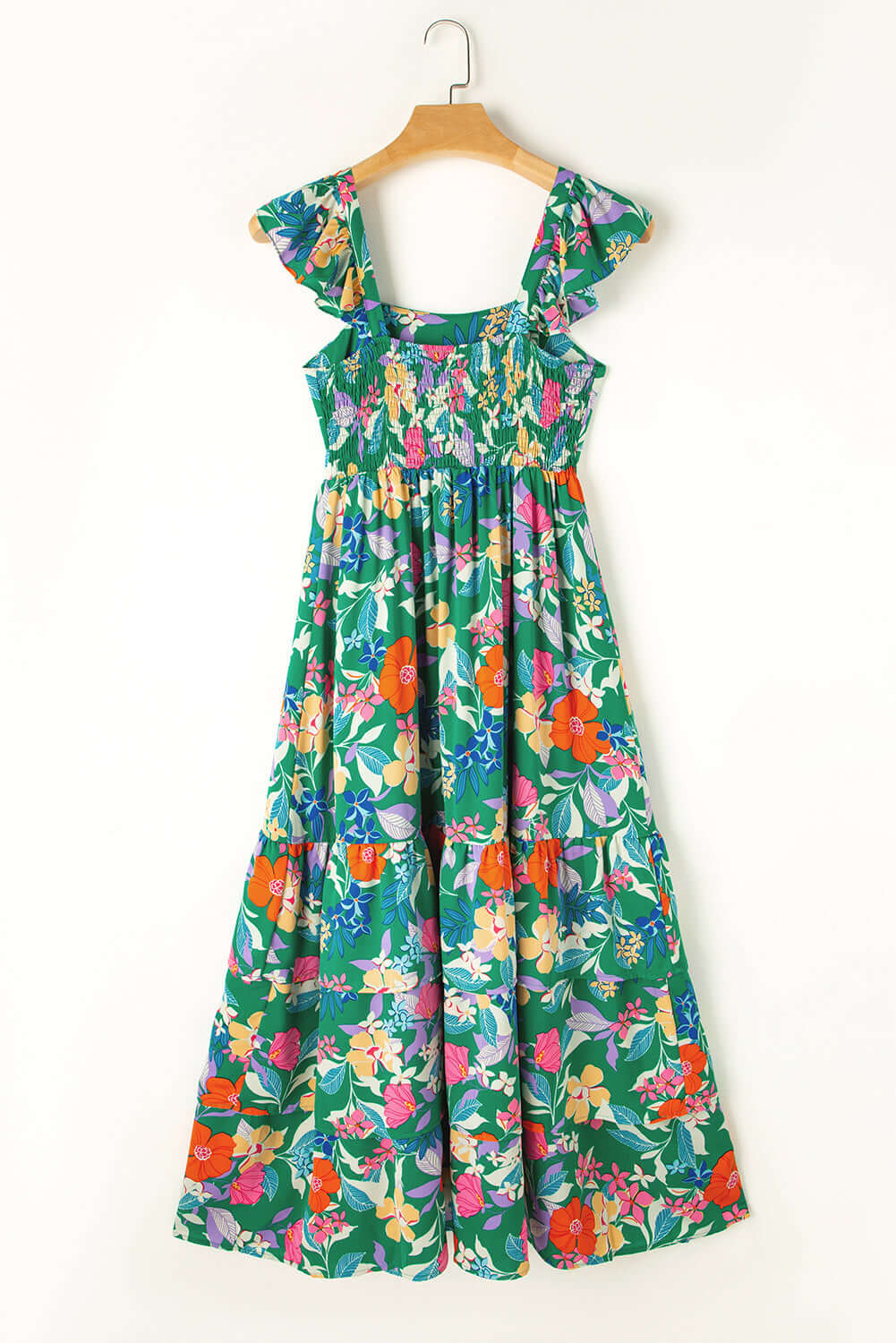 Bright floral print maxi dress with ruffled straps, perfect for summer days and twirl-worthy moments.