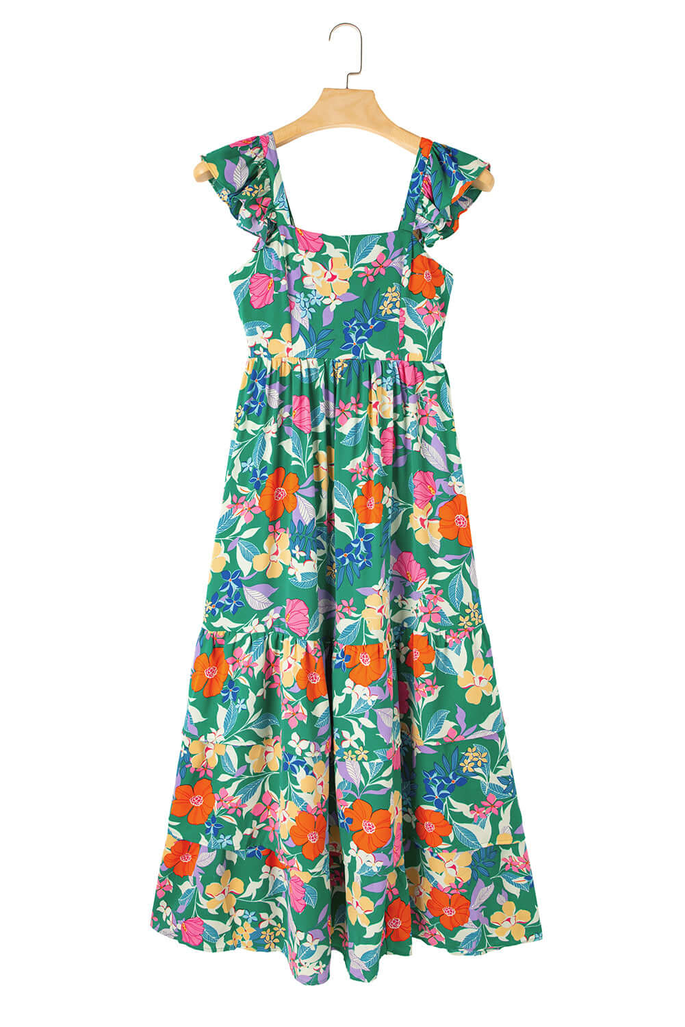 Vibrant green floral maxi dress with ruffled shoulder straps and tiered design, perfect for sunny days.