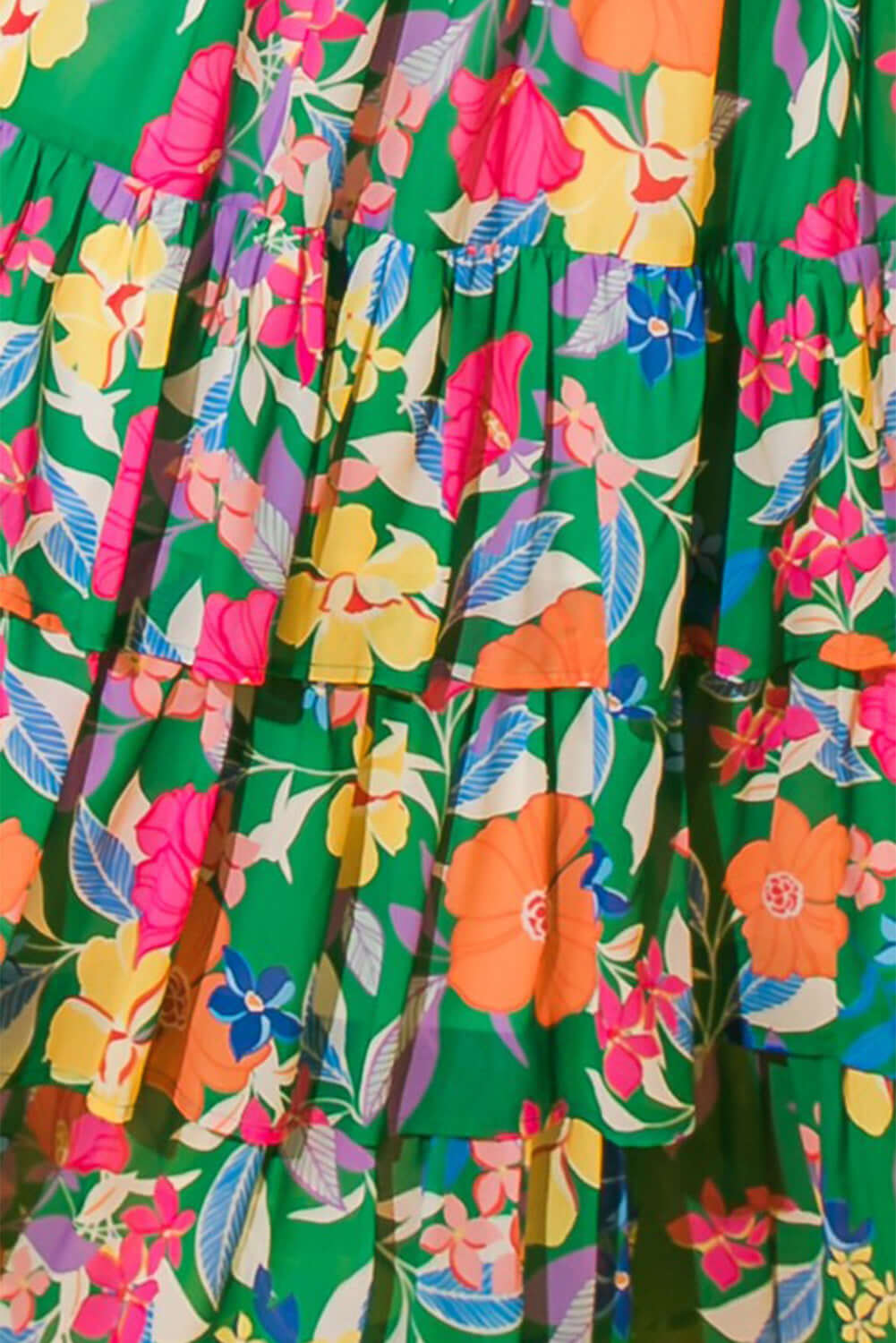 Vibrant floral print on a tiered maxi dress with ruffles, featuring bold colors of pink, coral, and green.