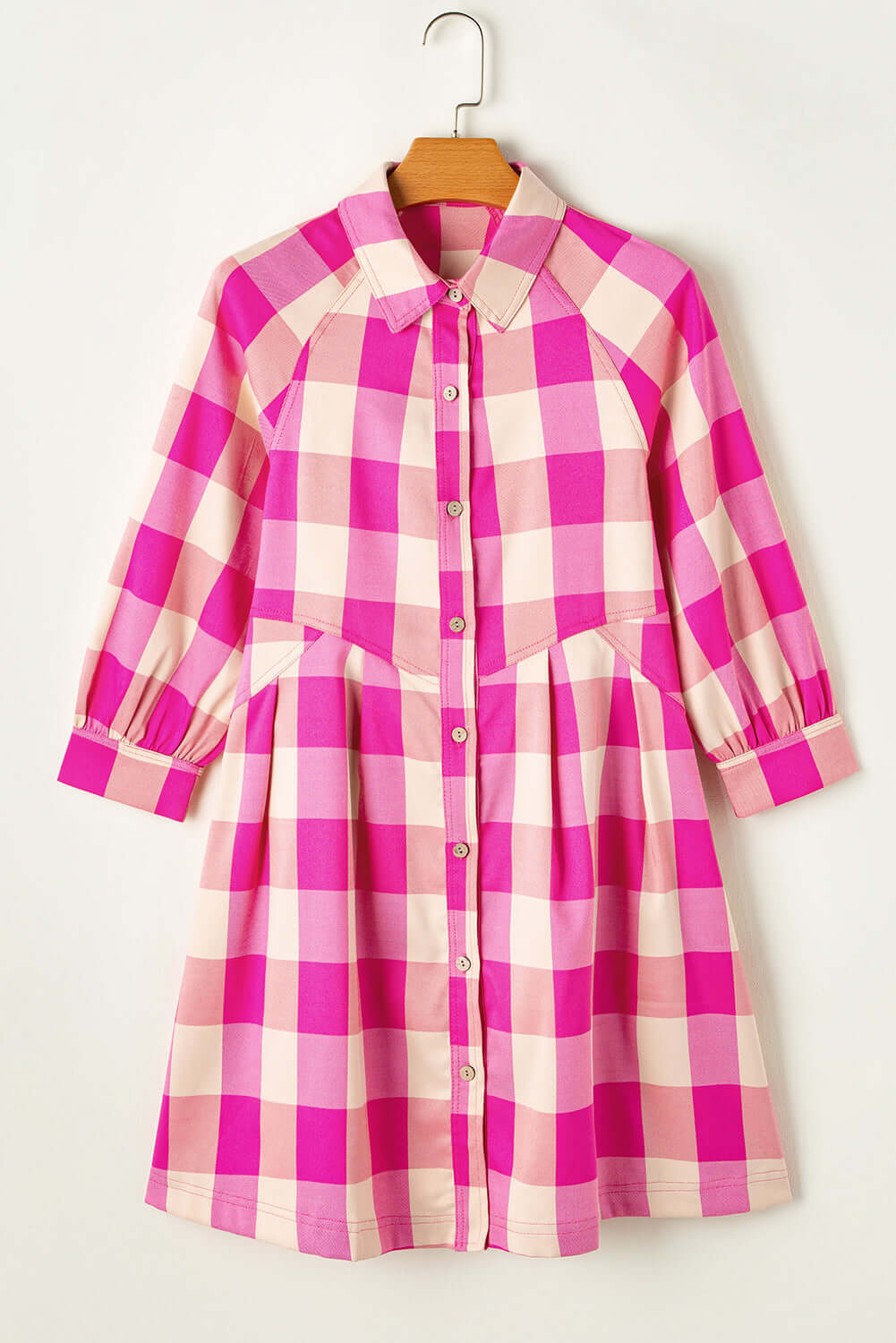 Stylish Check Her Out Dress in pink and white check pattern with collar and bracelet sleeves, perfect for chic spring outfits.