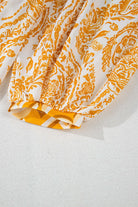 Golden Maize dress fabric close-up with chic bohemian print and stylish puff sleeves by Vivian-Lu.