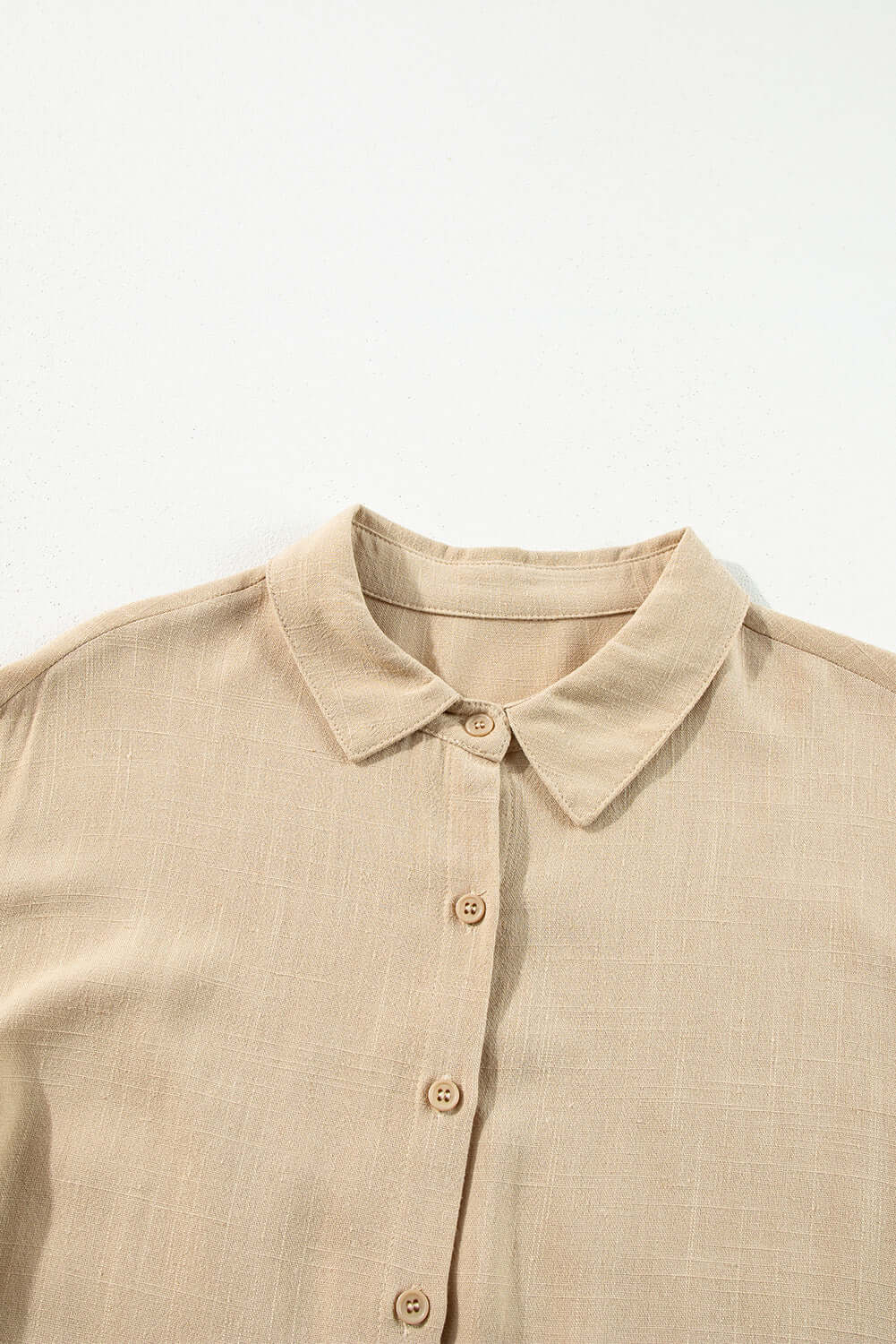 Desert Tan VENTURE OUT Dress with buttoned front and puff sleeves, showcasing a chic and classic shirt style.