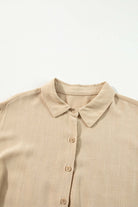 Desert Tan VENTURE OUT Dress with buttoned front and puff sleeves, showcasing a chic and classic shirt style.