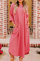 Stylish Strawberry Sundays Dress with striped pattern, drop shoulder, and relaxed fit, perfect for casual wear.