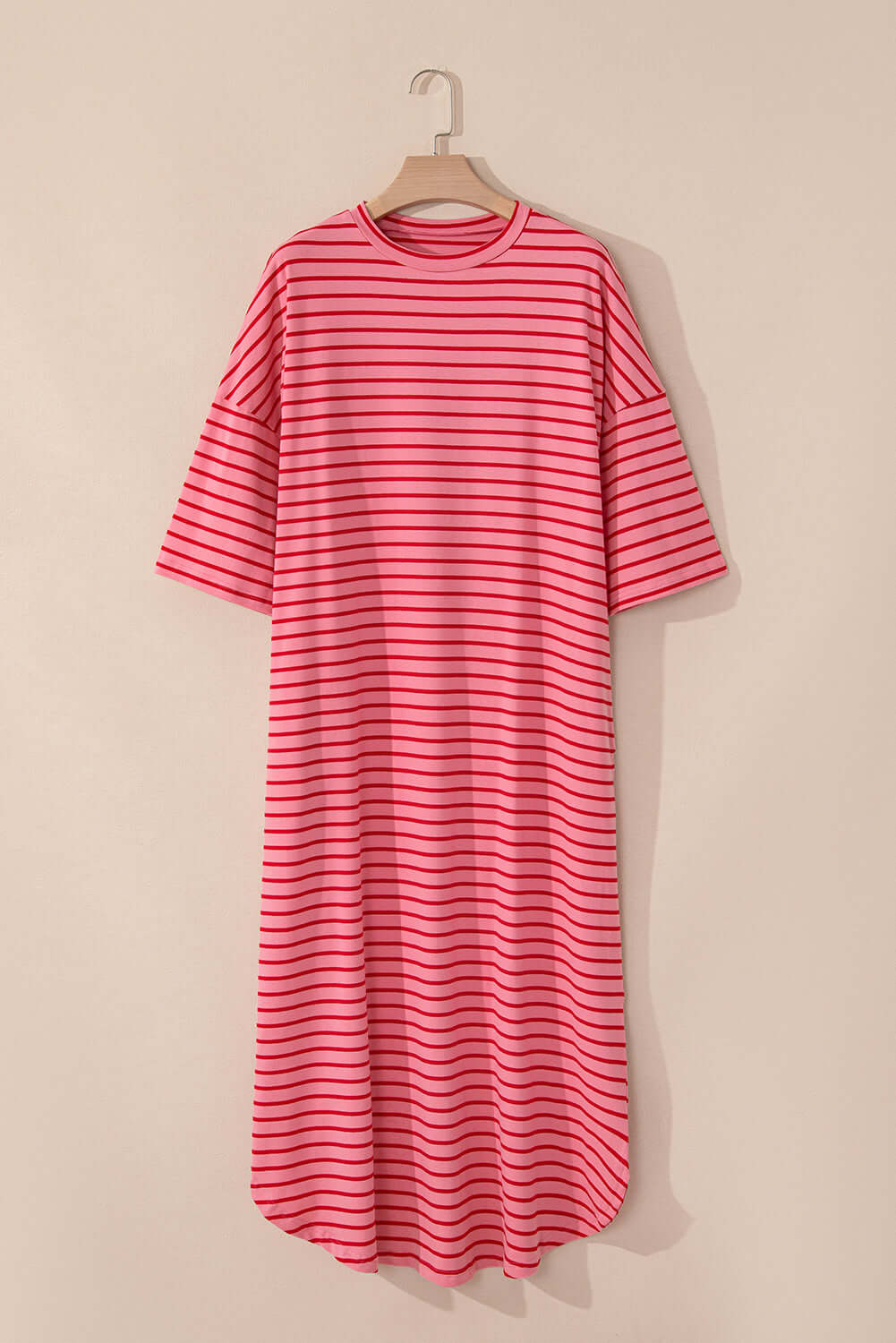 Strawberry Sundays Dress: pink striped oversized crew neck dress with drop shoulder for a stylish, laid-back look.