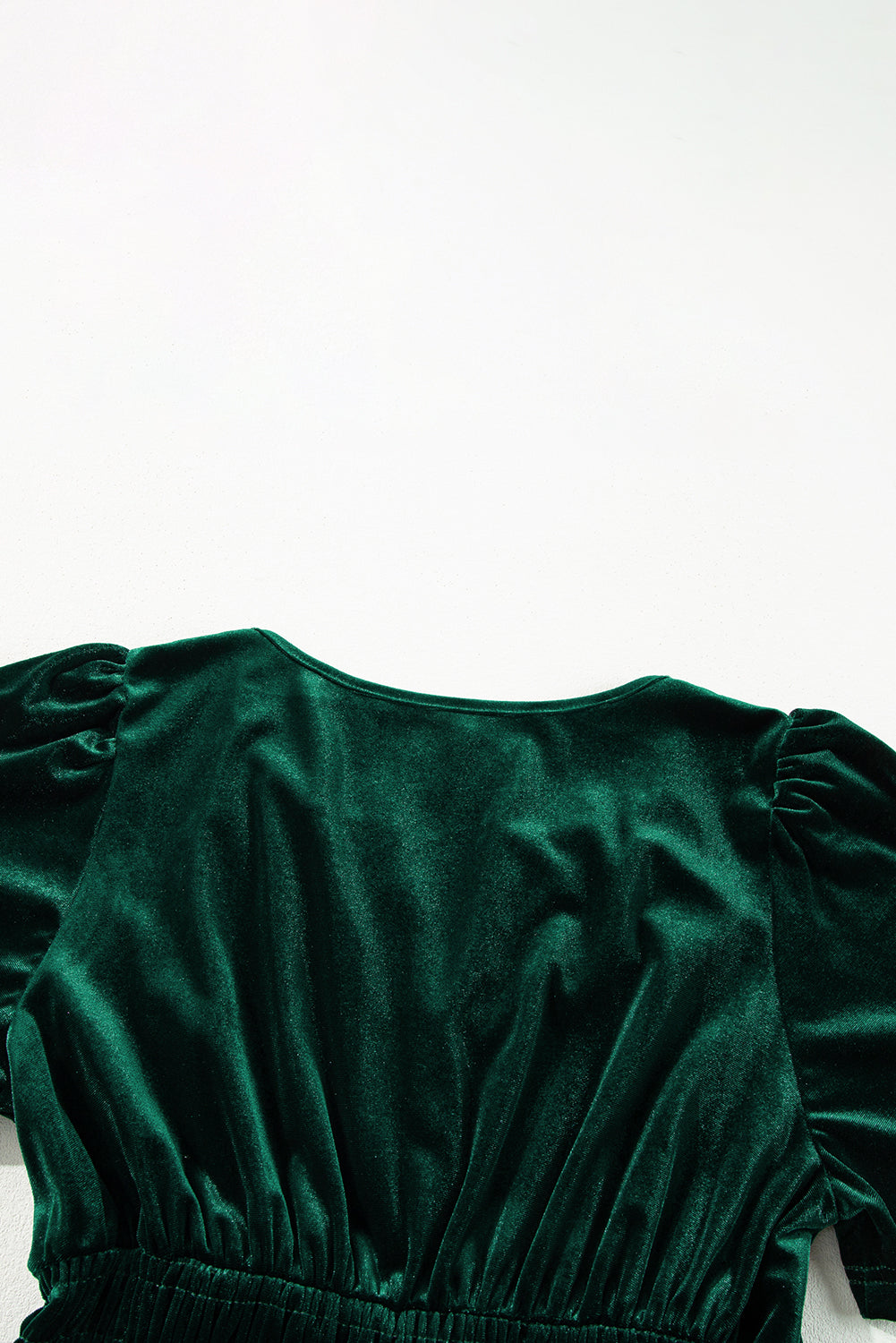 Elegant Emerald velvet dress back view with chic short sleeves and tiered design for a boho-inspired look.