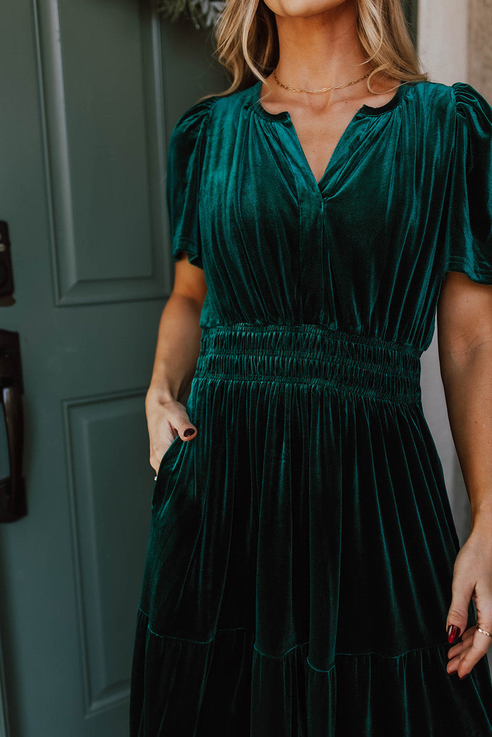 Elegant Emerald Velvet Maxi Dress with V-Neck and Tiered Design, Chic Short Sleeves, Perfect for Boho Style and Comfort.